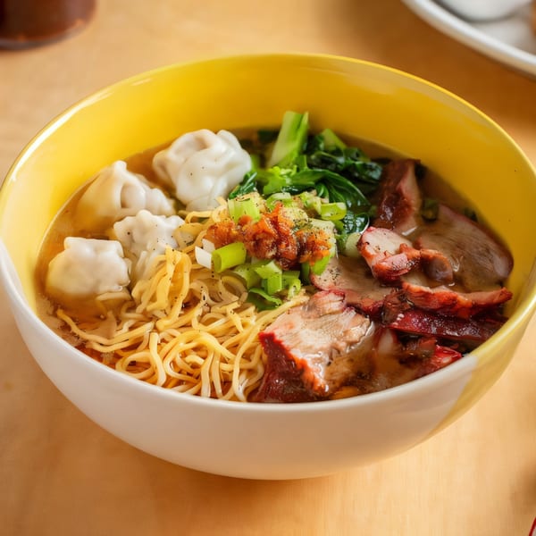 A yellow and white bowl of wonton noodle soup with char siu pork, bok choy, and scallions.